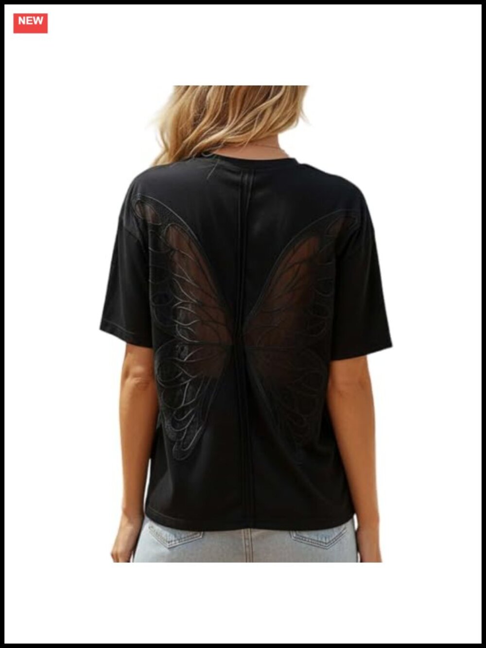 Women Butterfly Embroidered T-Shirt Crew Neck Oversized Cutout Top